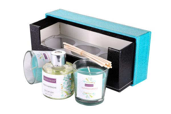 Reed Diffuser Gift set with 2 Glass Candles,Glass Pot,Reed Sticks & Oil Long Lasting Scent for for Home Office (Fresh Floral Fragrance)