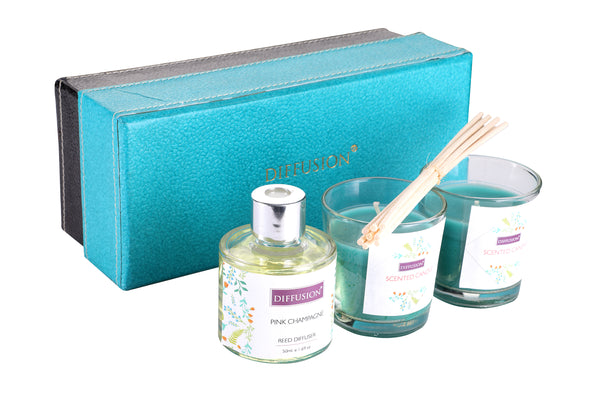 Reed Diffuser Gift set with 2 Glass Candles,Glass Pot,Reed Sticks & Oil Long Lasting Scent for for Home Office (Fresh Floral Fragrance)
